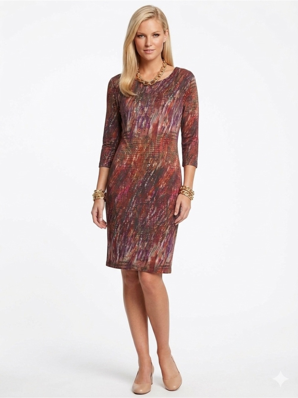 Leggiadro Multicolor Brushstroke Print Long Sleeve Sheath Shift Dress - Picture 8 of 8